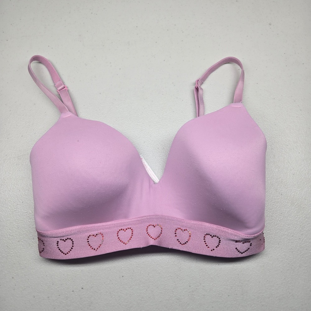Victoria's Secret PINK Women Bra 32DD Pink Heart Wireless Rhinestone READ
